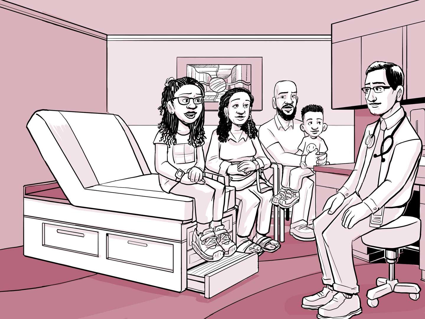 Nia y su familia hablan con el médico en la consulta.
