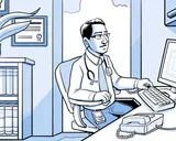 El médico de Nia, en su consultorio, trabajando en la computadora.