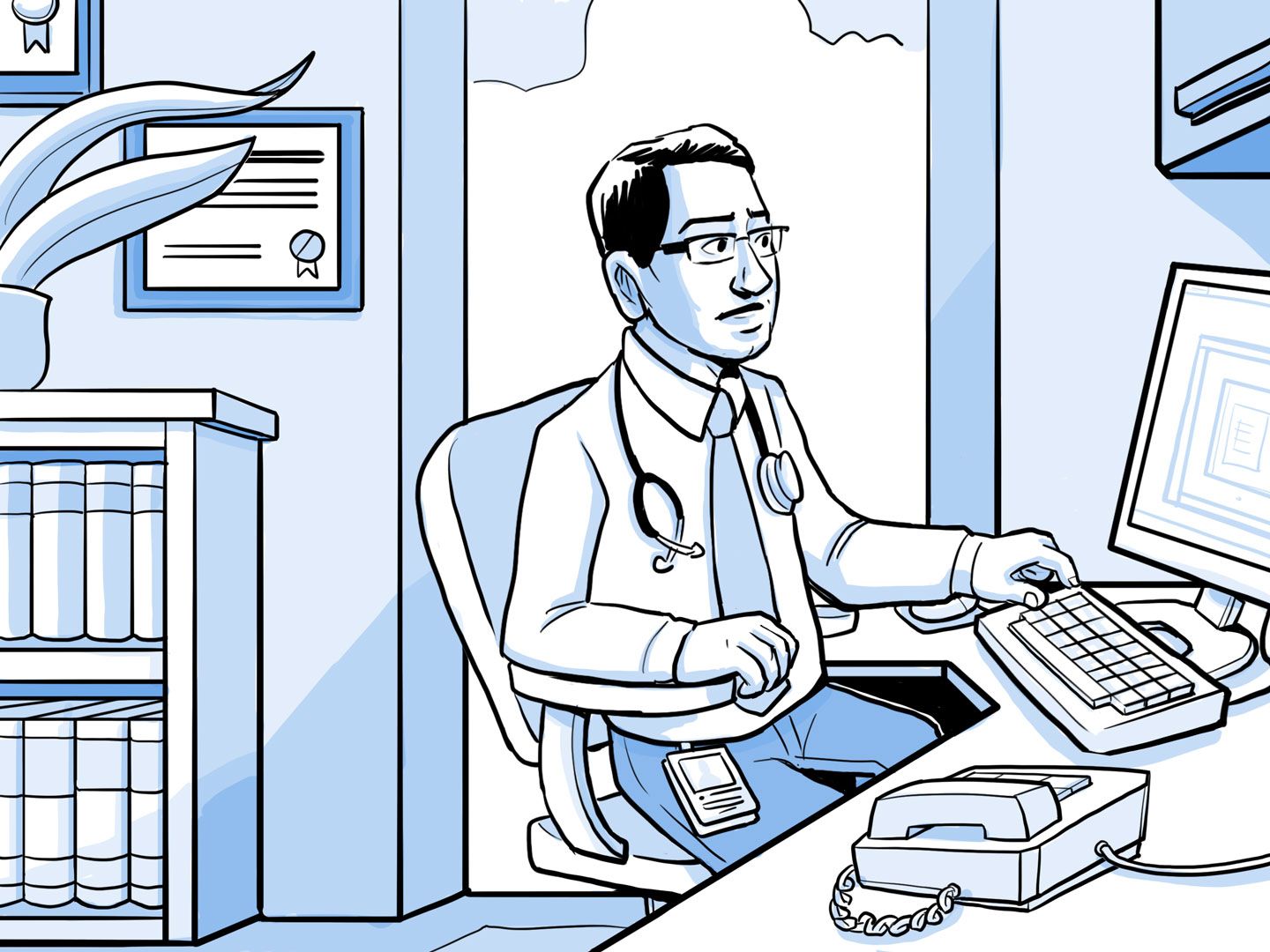 El médico de Nia, en su consultorio, trabajando en la computadora.