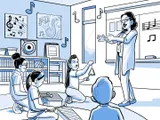 Nia da clases de música en una escuela primaria.
