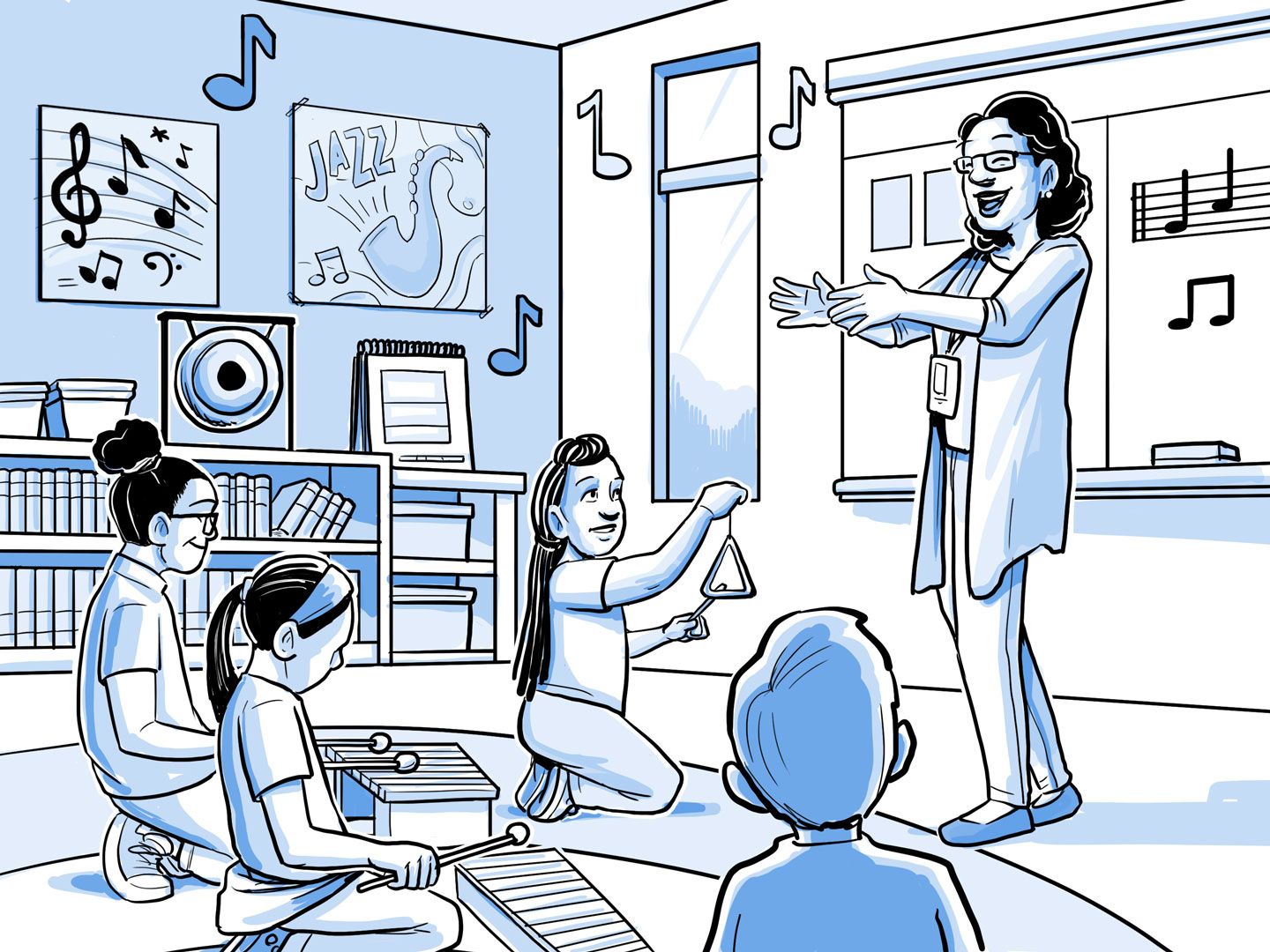 Nia da clases de música en una escuela primaria.