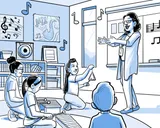 Nia da clases de música en una escuela primaria.