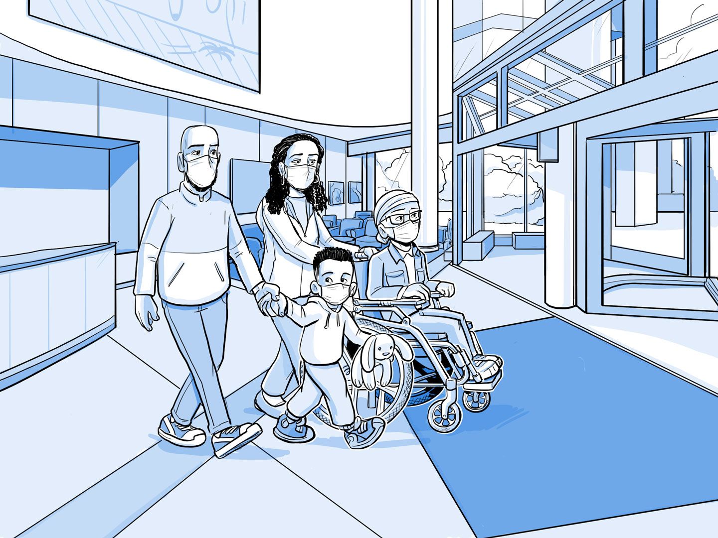 Nia y su familia salen del hospital.