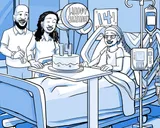 Nia sitting up in hospital bed with birthday decorations.