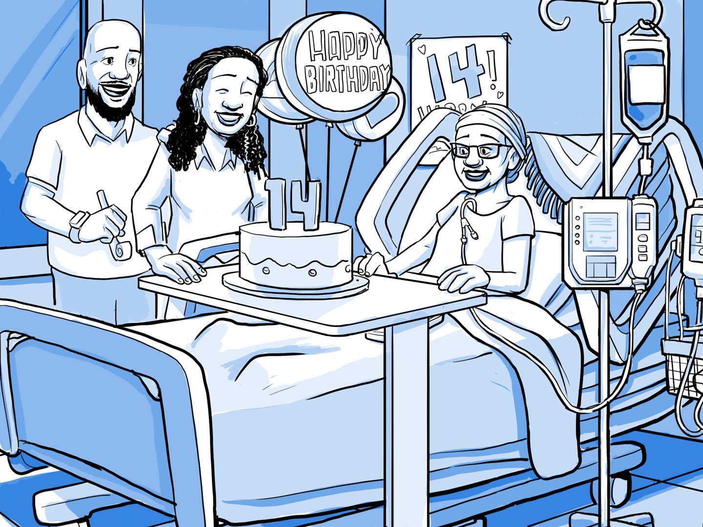 Nia sitting up in hospital bed with birthday decorations.