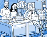 Nia sentada en la cama del hospital con decoraciones de cumpleaños.