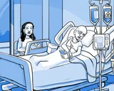 Nia en una cama de hospital con una vía intravenosa.