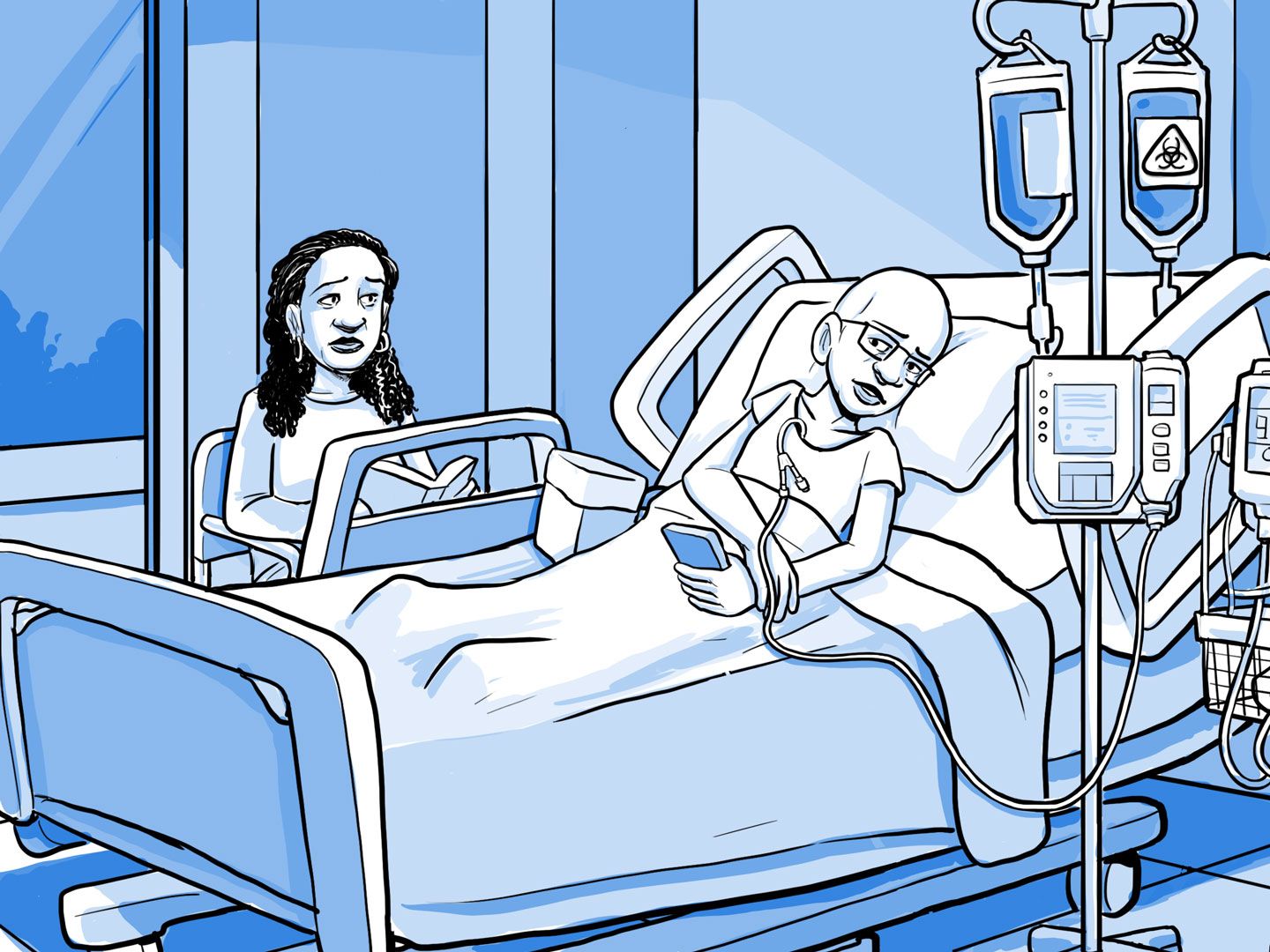 Nia en una cama de hospital con una vía intravenosa.