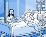 Nia en una cama de hospital con una vía intravenosa.