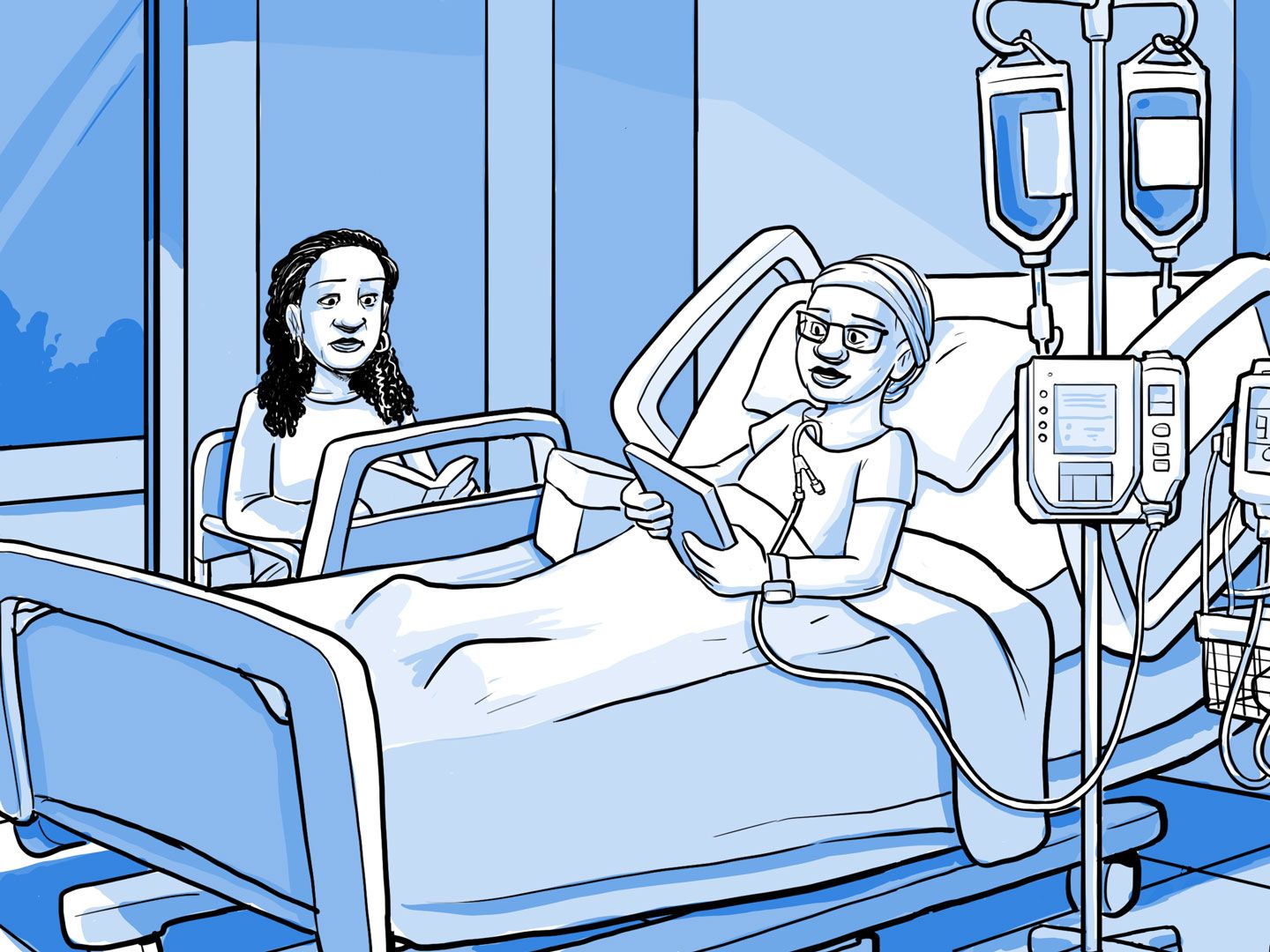 Nia en una cama de hospital con una vía intravenosa.