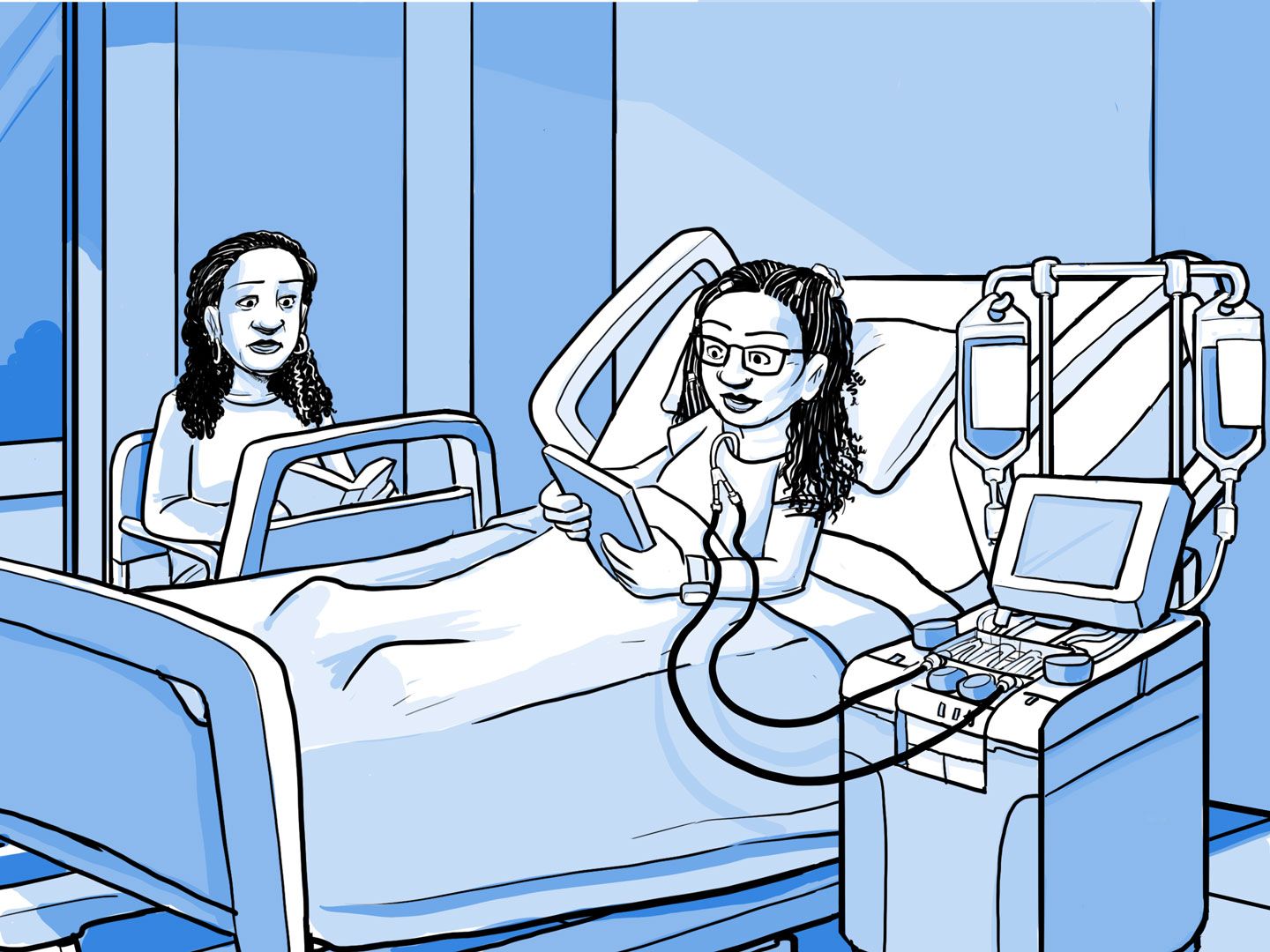 Nia en el hospital conectada a una máquina.
