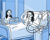 Nia en el hospital conectada a una máquina.