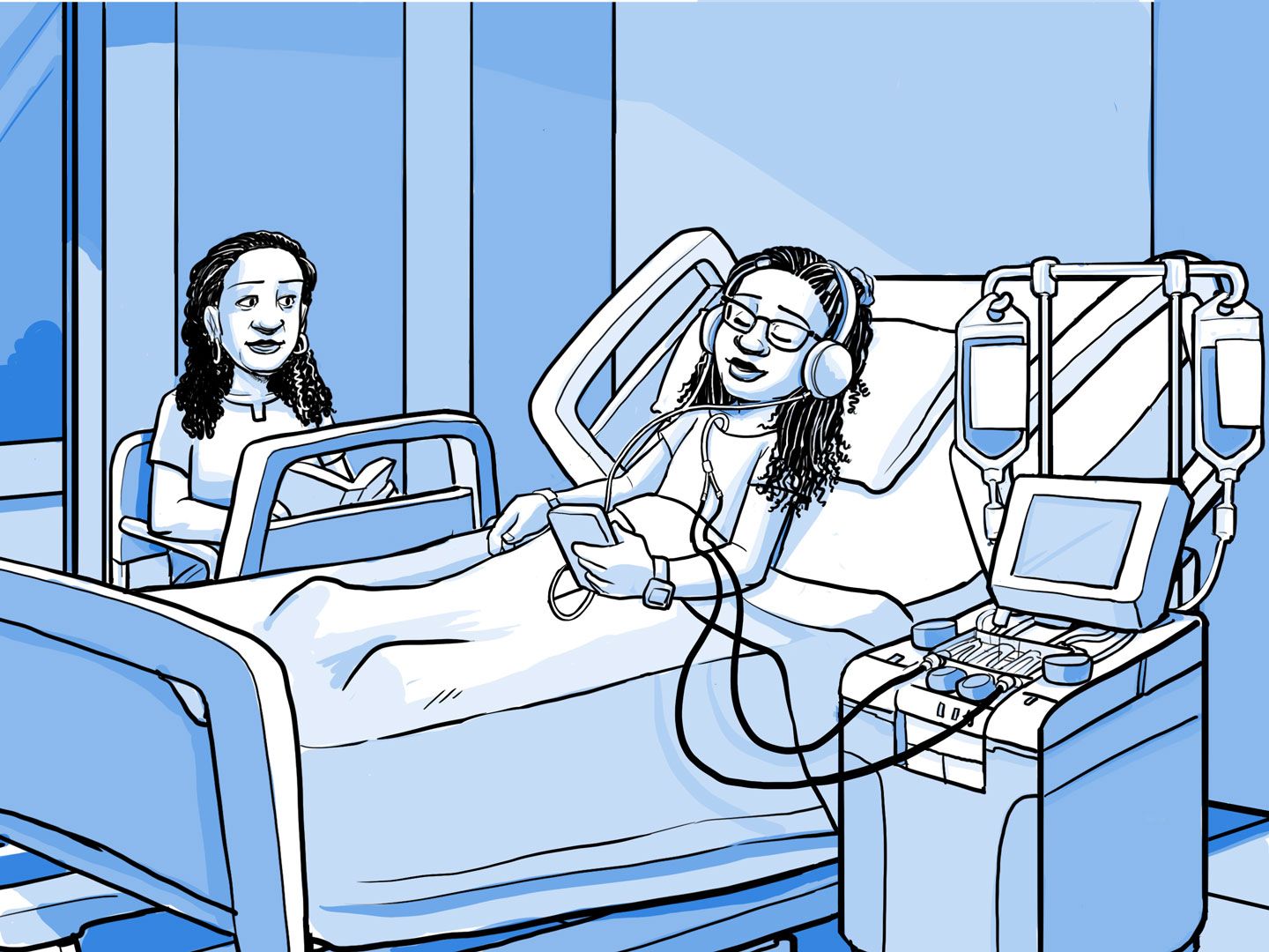 Nia in hospital connected to a machine.