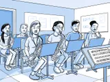 Nia toca el saxofón en el ensayo de la banda de jazz del colegio.