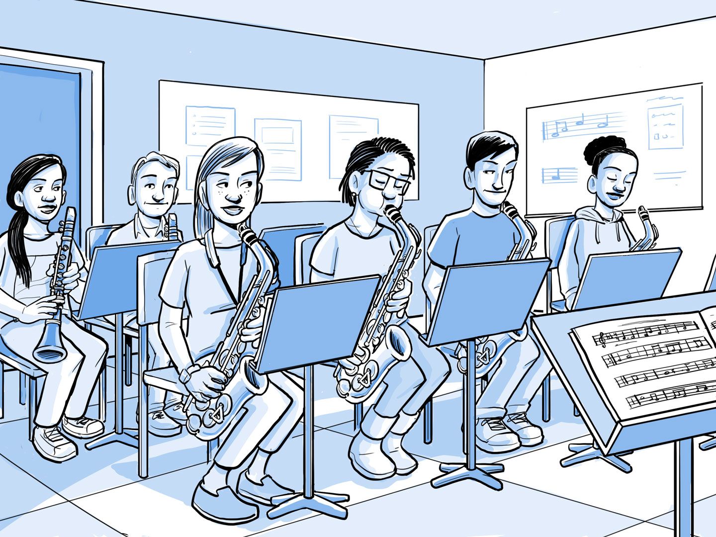 Nia toca el saxofón en el ensayo de la banda de jazz del colegio.
