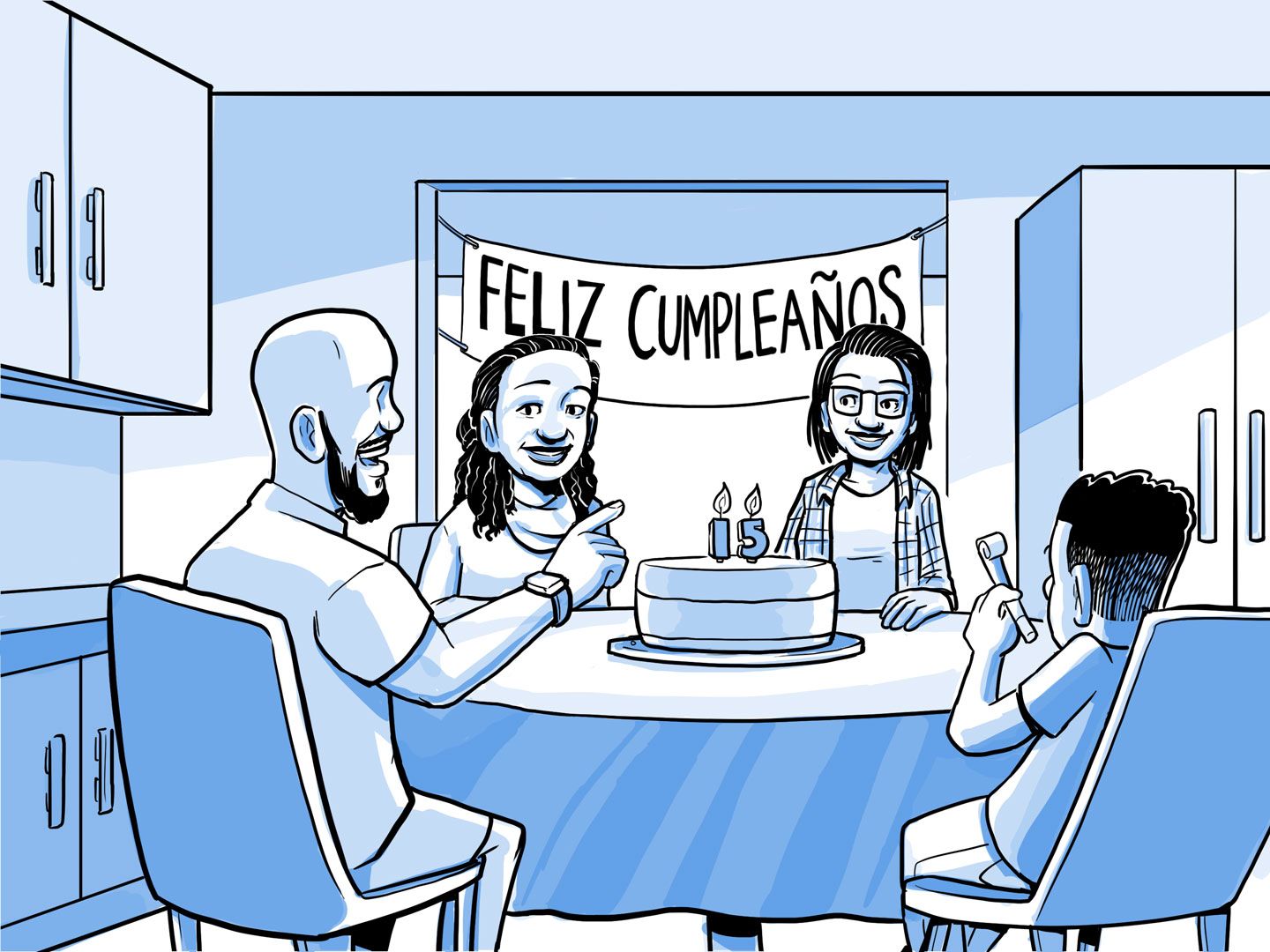La familia de Nia celebra el cumpleaños número 15 de Nia.