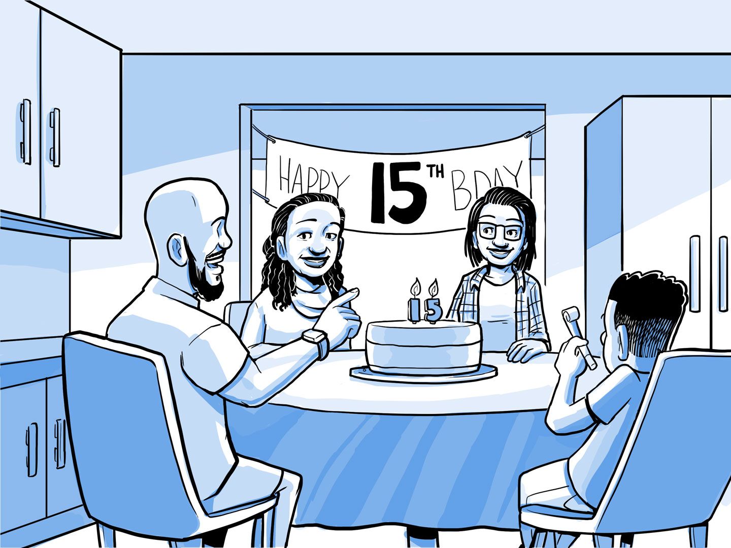 Nia's family celebrates Nia's 15th birthday.