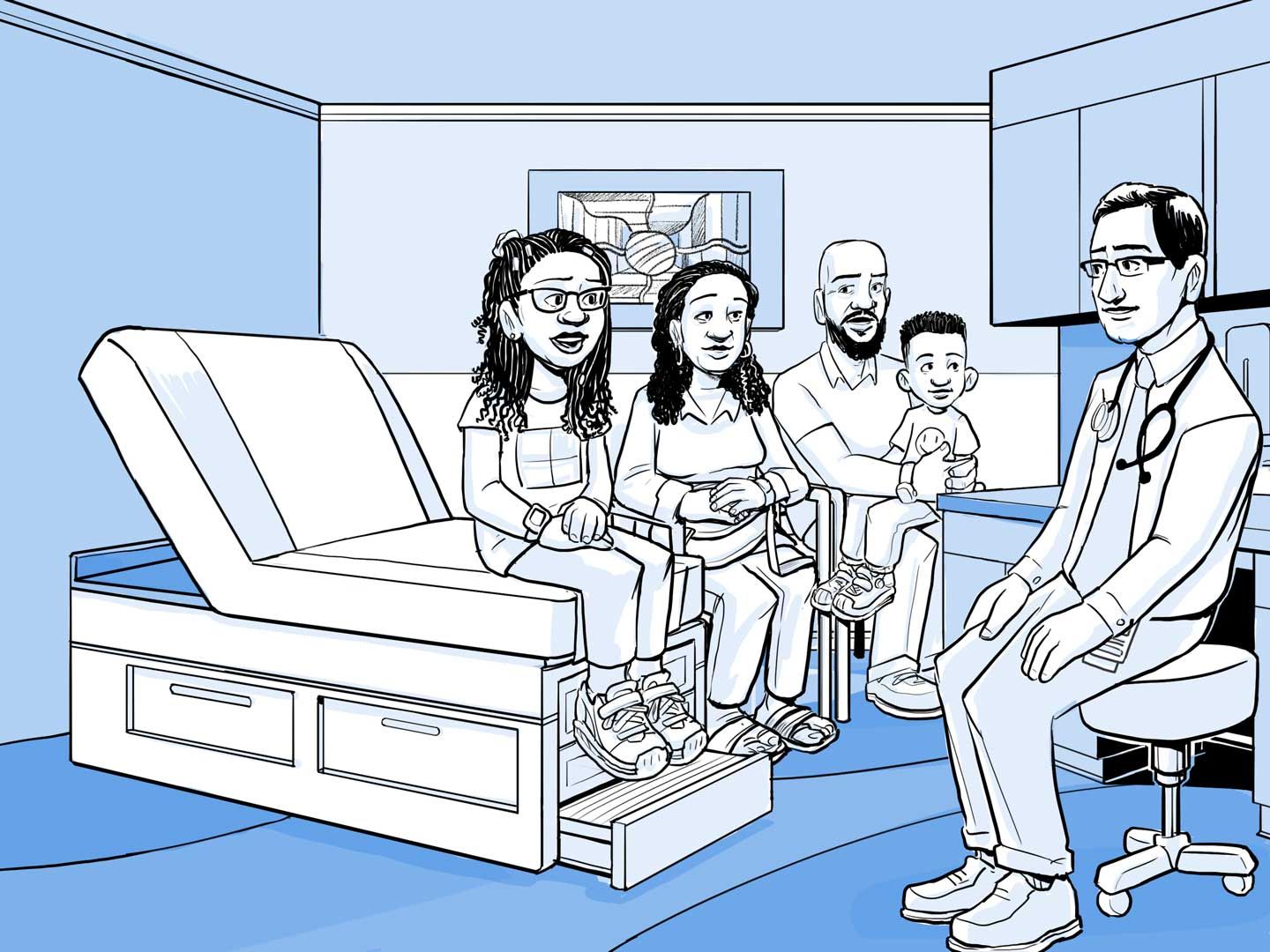 Nia y su familia hablan con el médico en la consulta.