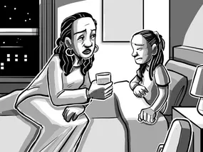 Comic panel 2: Nia has a pain crisis at night in bed.