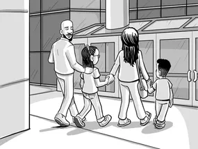 Comic panel 3: Nia and her family walking in to the medical clinic.