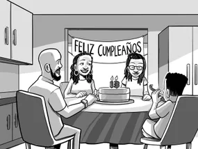Viñeta 1: Nia celebra su cumpleaños número 13 en su hogar con su familia.