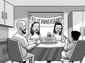 Painel 1: Nia comemora seu 13.º aniversário em casa com sua família.