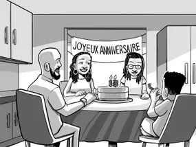Case n° 1 de la bande dessinée : Nia célèbre son 13e anniversaire en famille chez elle.