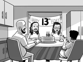 Comic panel 1: Nia celebrates her 13th birthday at home with her family.
