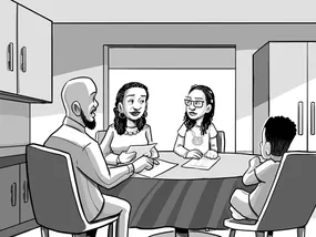 Comic panel 8: Back at home, Nia and her family sit and talk at the kitchen table.