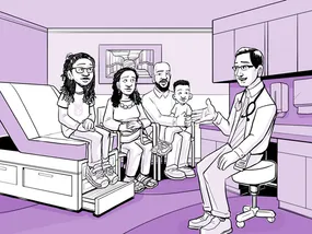 Comic panel 6: Nia's doctor talks to her family in the exam room.