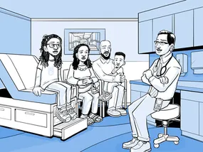 Comic panel 7: Nia's doctor talks to her family in the exam room.
