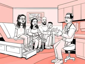 Comic panel 4: Nia's doctor talks to her family in the exam room.
