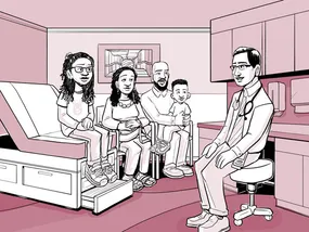 Comic panel 5: Nia's doctor talks to her family in the exam room.