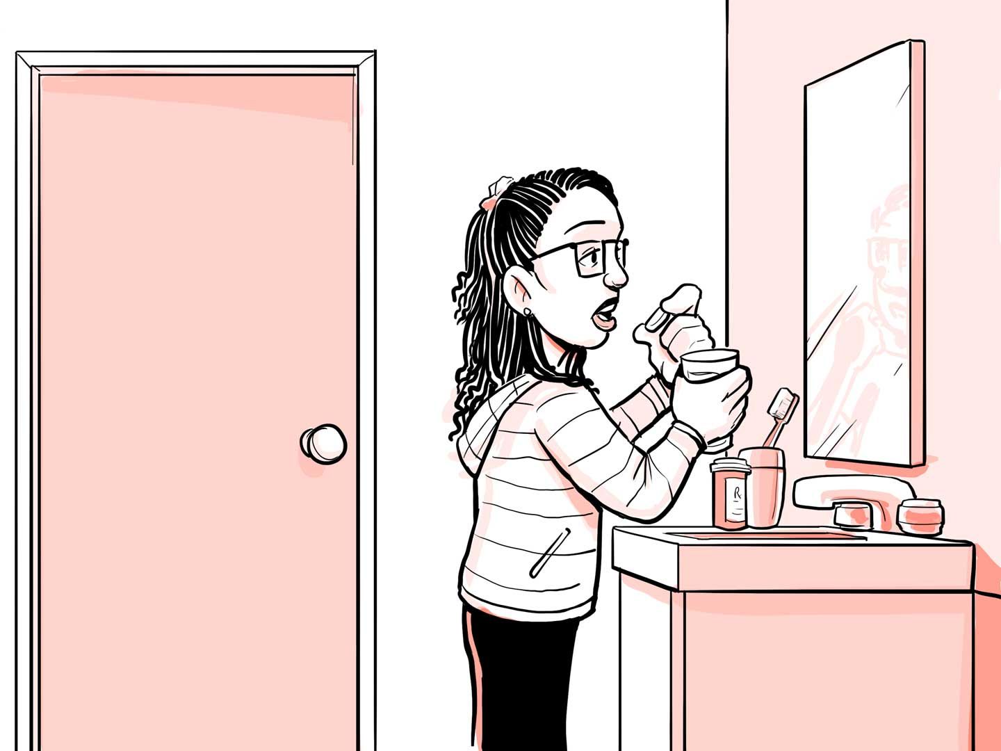 Nia tomando el medicamento en su hogar.