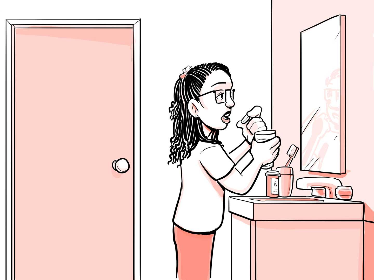 Nia tomando el medicamento en su hogar.