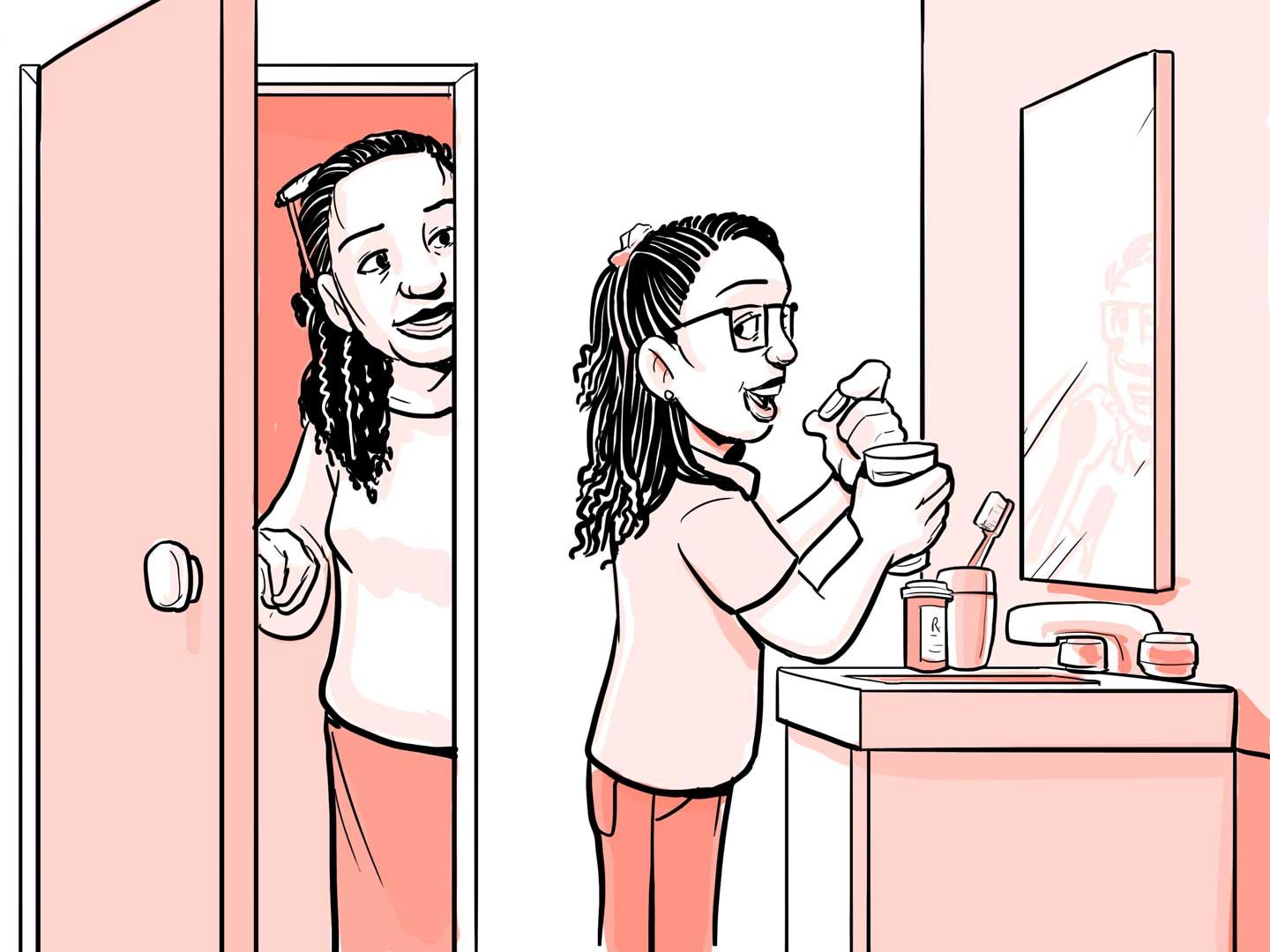 Nia tomando el medicamento en su hogar.