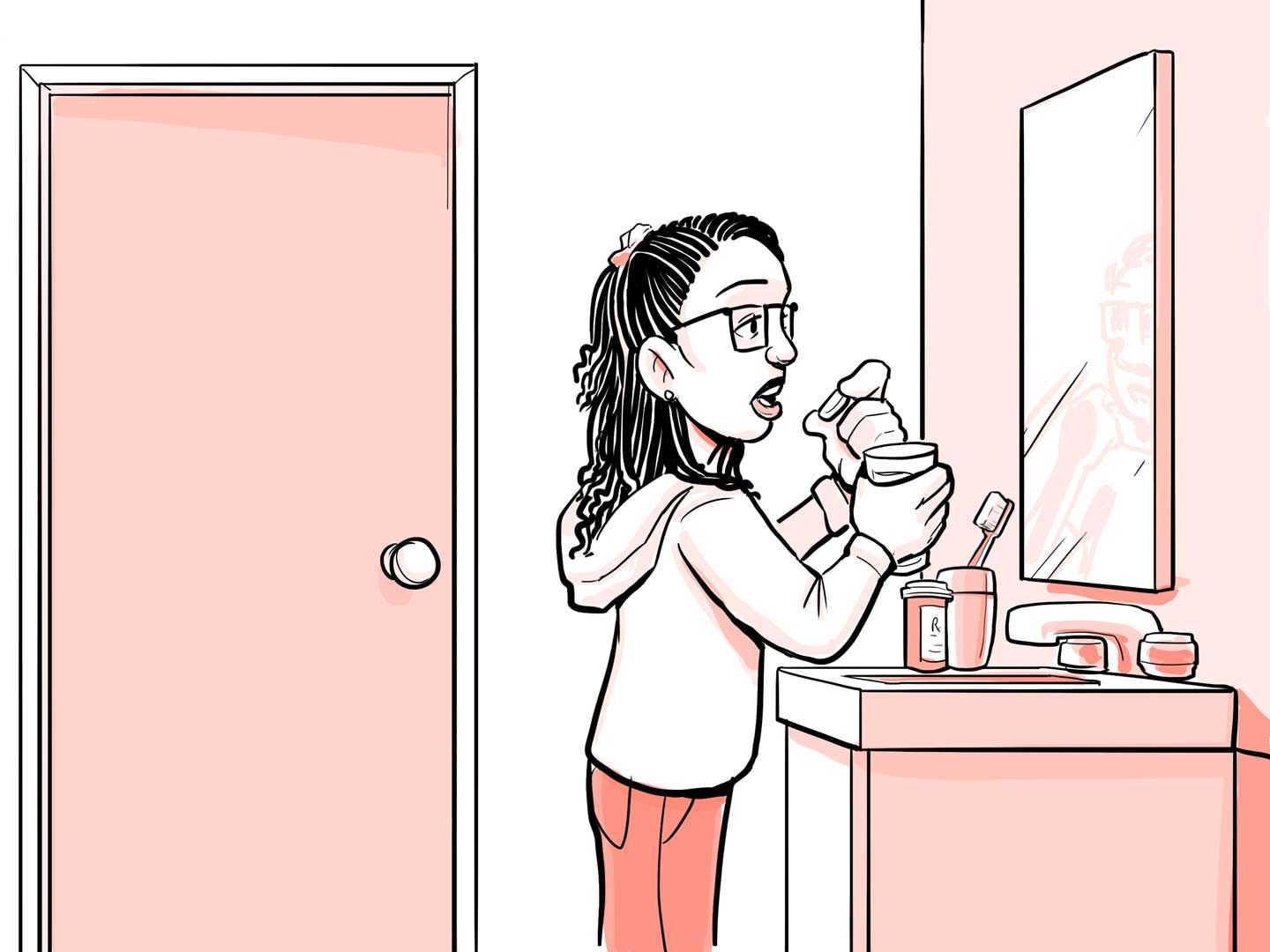Nia tomando el medicamento en su hogar.
