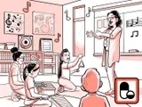Nia da clases de música en una escuela primaria.