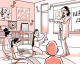 Nia da clases de música en una escuela primaria.