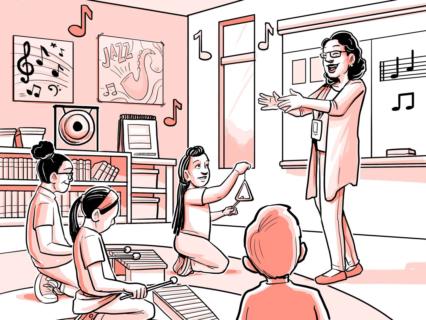 Nia da clases de música en una escuela primaria.