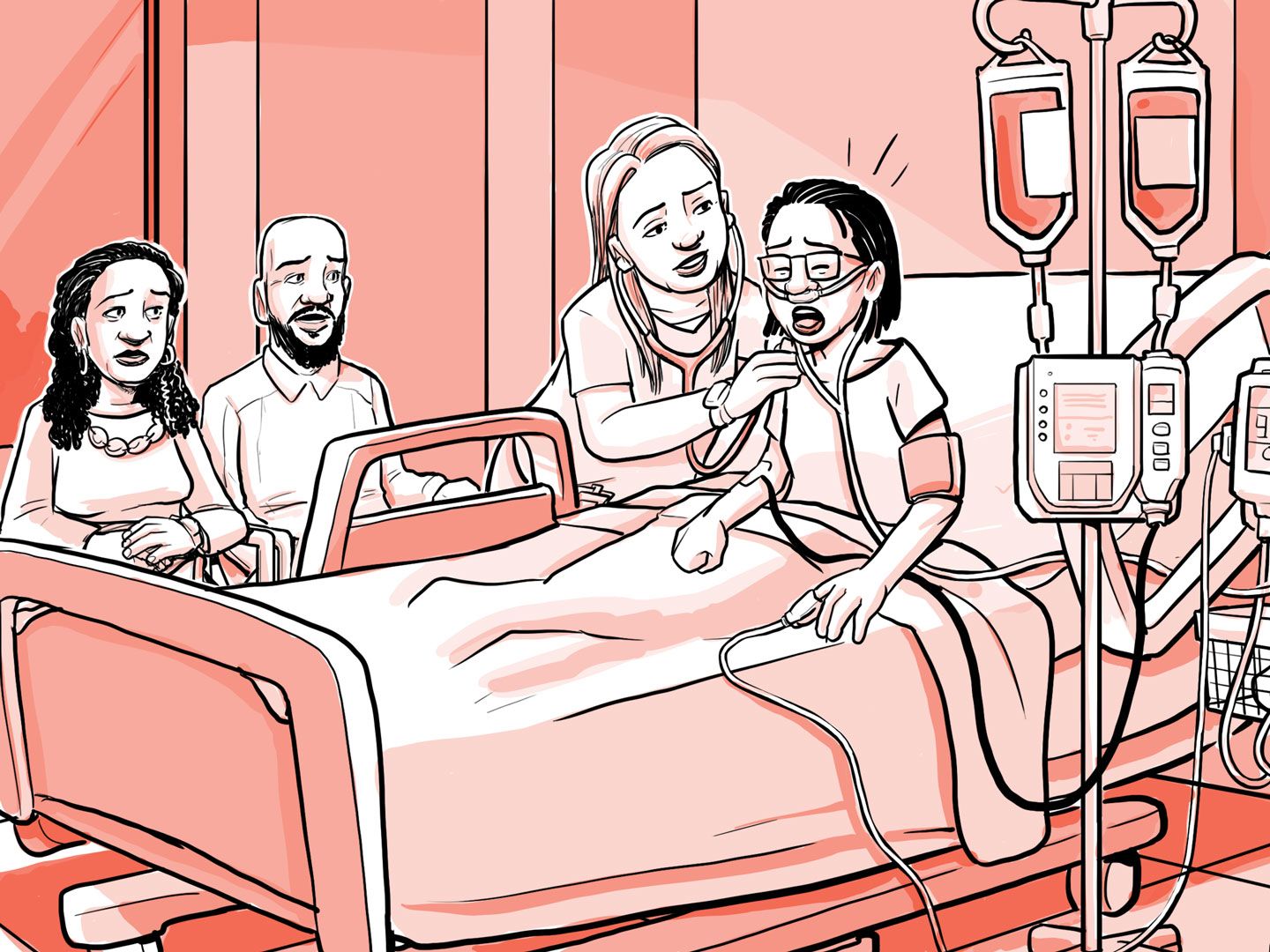 Nia en la cama del hospital recibiendo tratamiento por un síndrome torácico agudo.