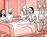 Nia en la cama del hospital recibiendo tratamiento por un síndrome torácico agudo.