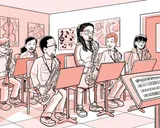 Nia toca el saxofón en una banda de jazz.