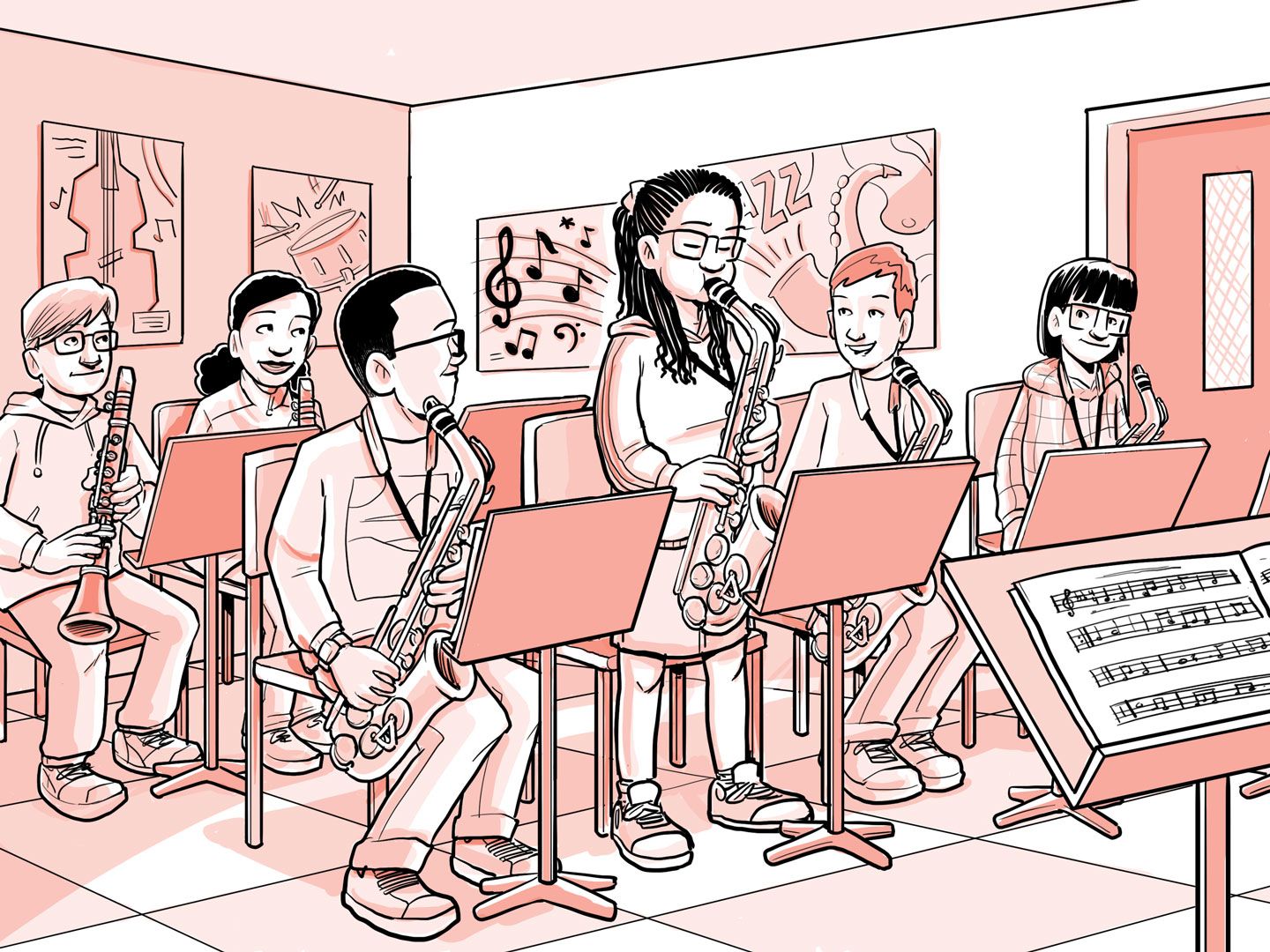 Nia toca el saxofón en una banda de jazz.