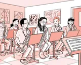 Nia toca el saxofón en una banda de jazz.