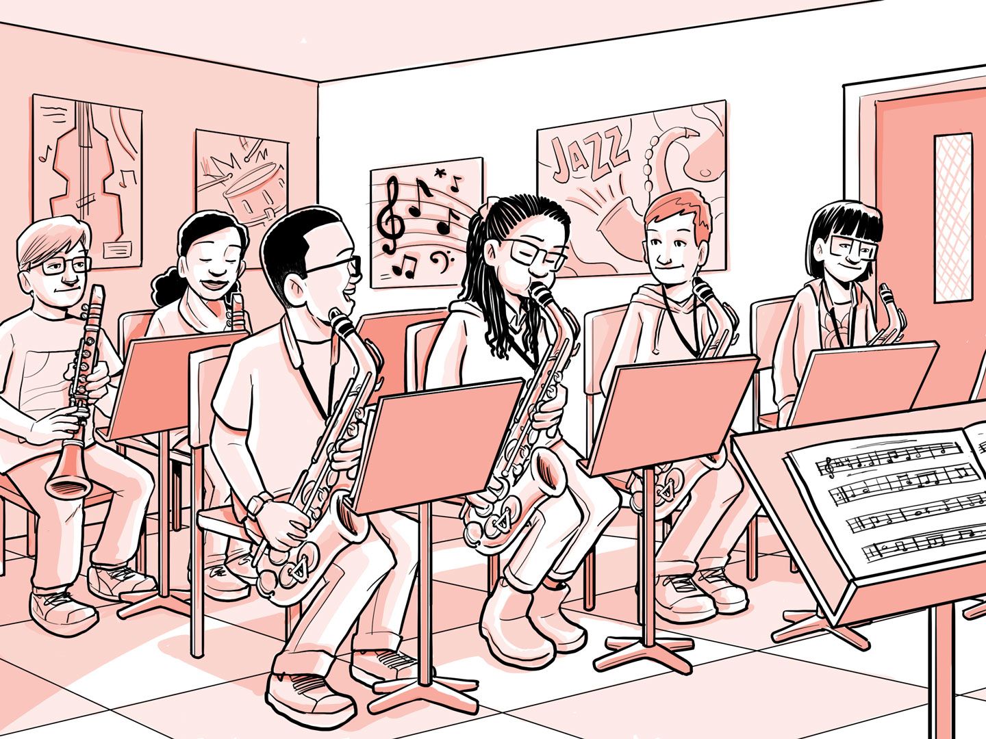 Nia toca el saxofón en una banda de jazz.