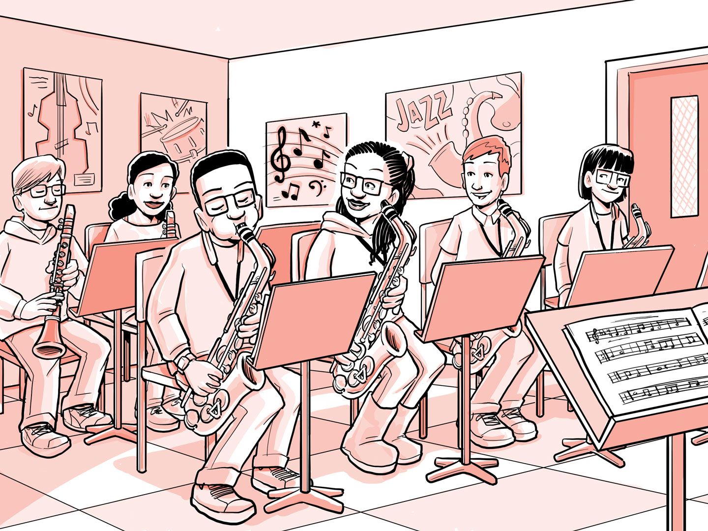 Nia toca el saxofón en una banda de jazz.