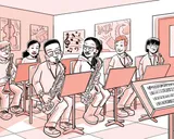 Nia toca el saxofón en una banda de jazz.