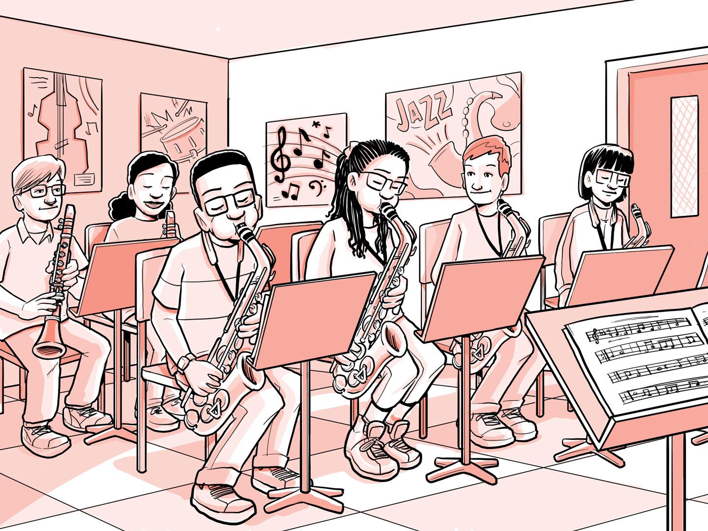 Nia toca el saxofón en una banda de jazz.