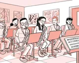 Nia toca el saxofón en una banda de jazz.